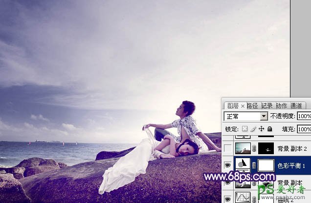 photoshop调制出经典蓝紫色海景情侣婚片教程