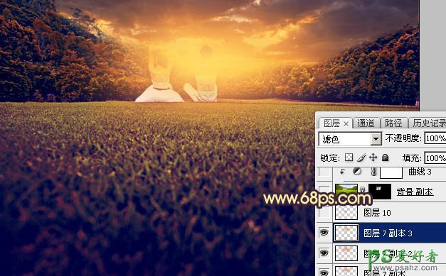 PS图片调色：利用素材给草地上的唯美情侣图片调出灿烂的秋季晨曦