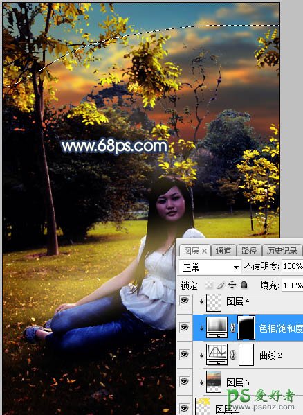 Photoshop给公园树林中等着约会的女生写真照调出温暖的霞光色