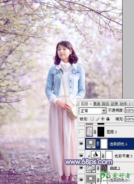 photoshop给春日花景中的青春少女艺术照调出梦幻的粉紫色