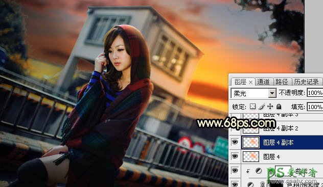 Photoshop给城市天桥上自拍的性感女孩儿生活照调出暗调霞光色彩
