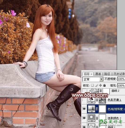 Photoshop给穿超短裤雪白美腿女孩儿照片调出唯美的黄昏色彩