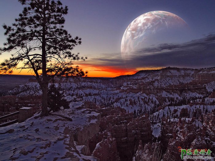 PS溶图教程实例：给霞光风景照增加漂亮的行星，有种科幻的感觉