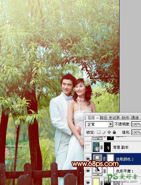 photoshop调出甜美青色效果树林情侣婚纱写真照