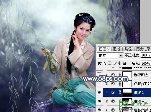 Photoshop给古装性感美女，小柔女性写真图片调出唯美的暗青色