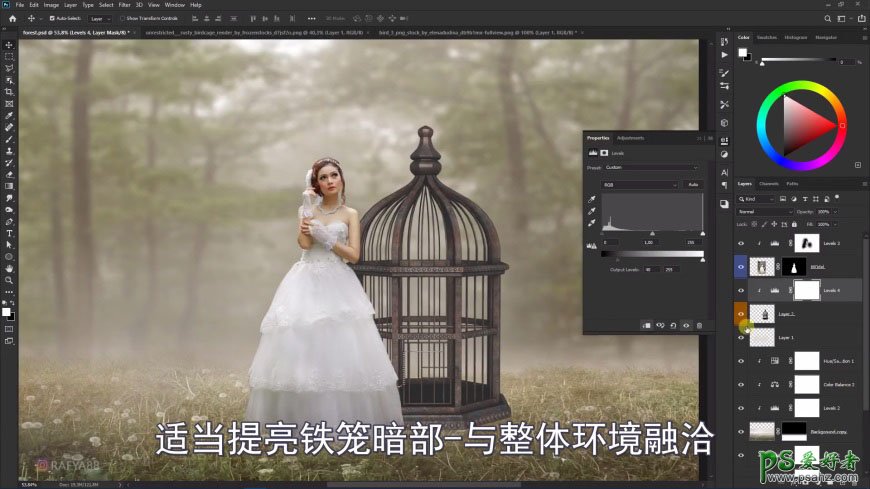 Photoshop创意合成森系婚纱照美女与巨型鸟笼在森林中的秘境场景