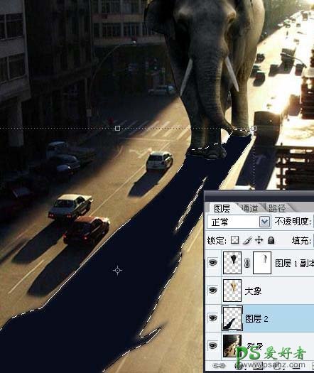 photoshop创意合成游走在繁华城市中的一头巨象