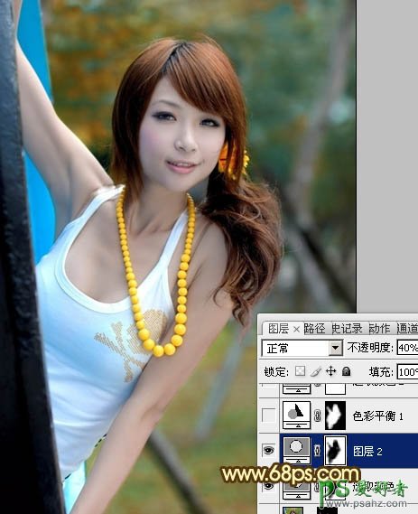 photoshop调出甜美的青黄色性感MM公园生活写真图片