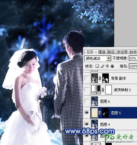 PS调色教程：给树林中的情侣婚片写真调出纯蓝艺术效果