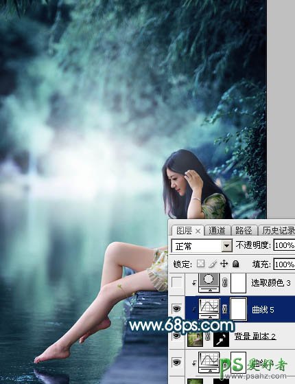 Photoshop给清纯玉腿美脚女神艺术写真图片调出梦幻唯美的青绿色