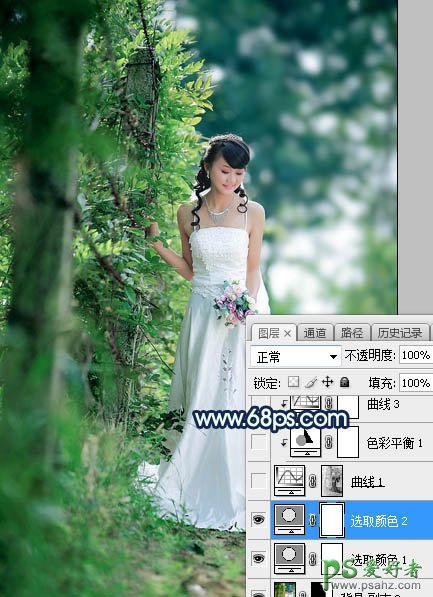 Photoshop婚片调色：给树林中私拍漂亮女女婚纱照调出唯美的青蓝