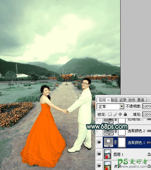 photoshop调出经典的青色效果情侣婚片艺术照