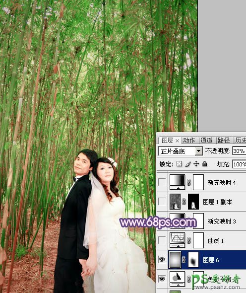 photoshop调出蓝紫色竹林里的情侣婚片