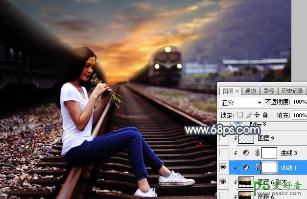 Photoshop给铁轨上外拍的可爱女生性感照片调出意境般的晨曦色