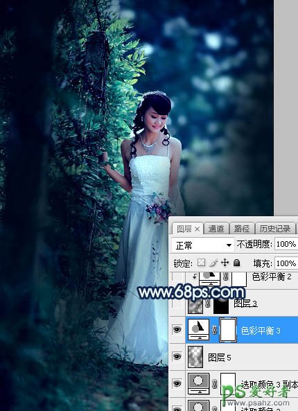 Photoshop婚片调色：给树林中私拍漂亮女女婚纱照调出唯美的青蓝