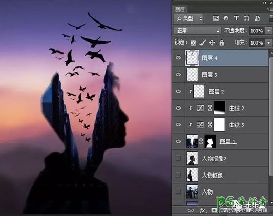 PS合成教程：把人物头像剪影与飞鸟完美结合，打造出二次曝光作品