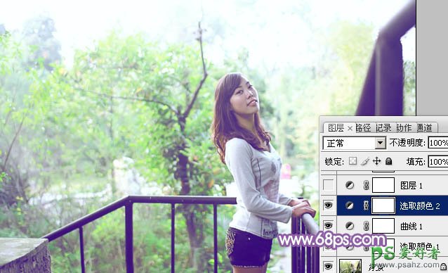 PS调色教程：给公园MM写真照调出蓝粉时尚效果