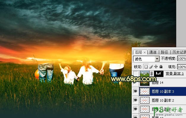 PhOtoshop给草原上的欧美一家人外景照片调出逆光效果的夕阳色