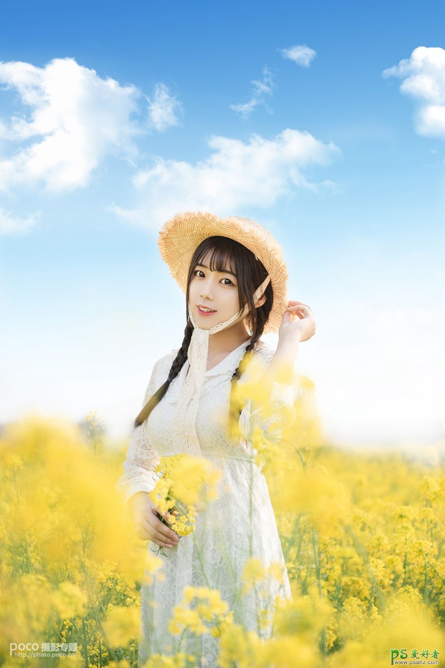 Photoshop给油菜花田里拍摄的可爱女生照片调出唯美的小清新效果