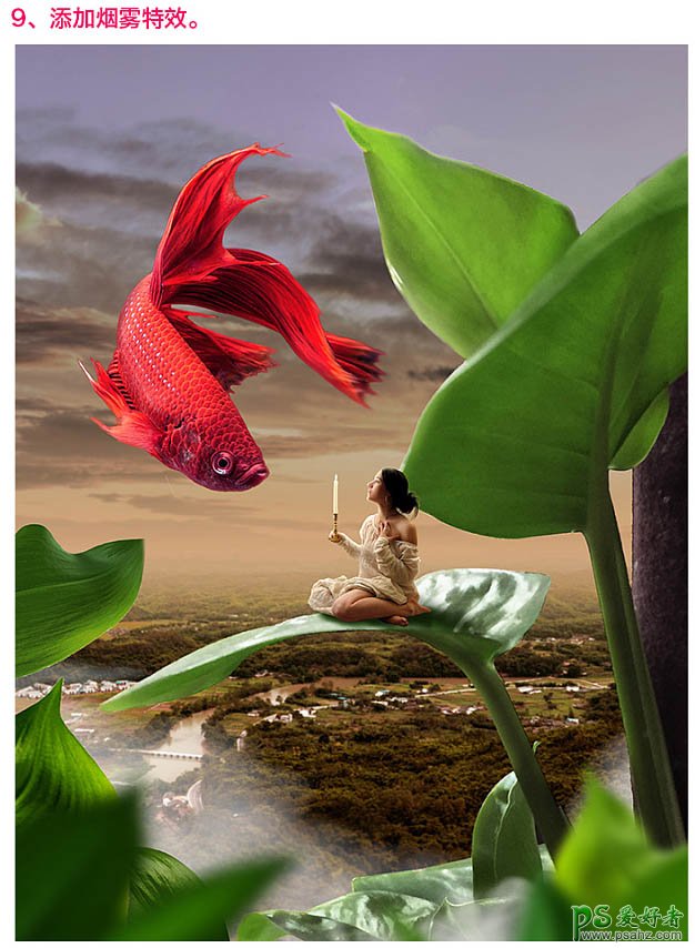 PS合成实例：利用素材图合成坐在树叶上召唤血红色鱼神的女巫海报