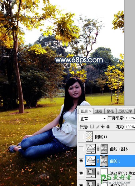 Photoshop给公园树林中等着约会的女生写真照调出温暖的霞光色