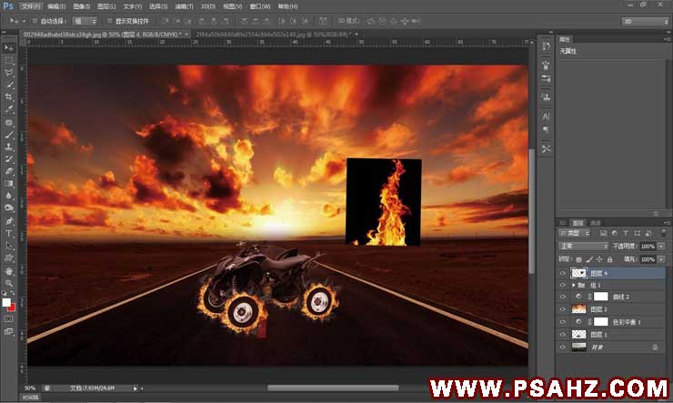 Photoshop合成熊熊燃烧的沙滩摩托车，烈火战车、火焰摩托车