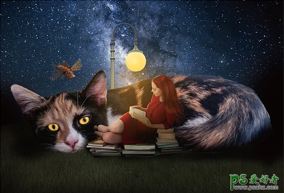 PS创意合成暗夜星空下在大猫怀里夜读的少女，与大猫看书的女孩儿