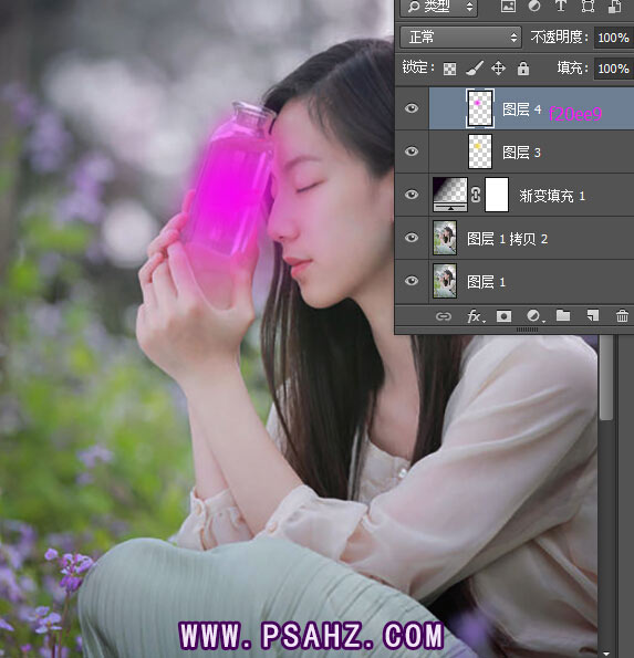 Photoshop把一张绿色调美女照片，调成紫色带一点意境的梦幻色调