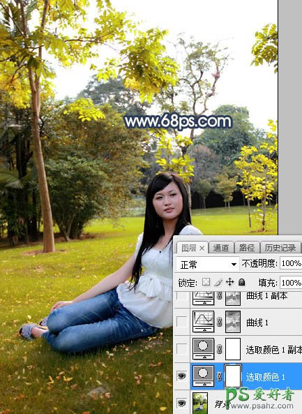 Photoshop给公园树林中等着约会的女生写真照调出温暖的霞光色