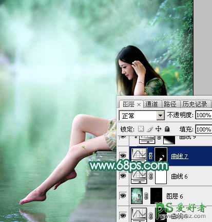 Photoshop给湖景边自拍的甜美女孩儿性感照片调出唯美的青绿色效