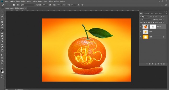 PS创意合成教程：学习把可爱的米老鼠图案合成到桔子身上。