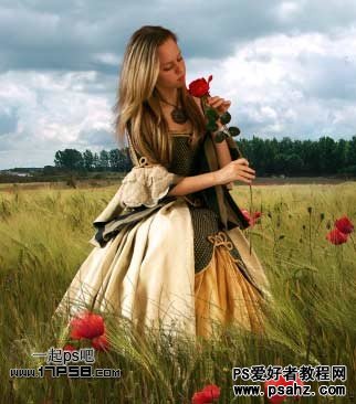 photoshop合成田原风景中的玫瑰美少女