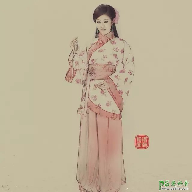 PS美女转手绘：学习把漂亮的古装美女照片制作成中国风工笔画效果