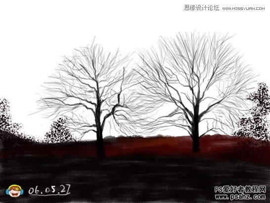 photoshop鼠绘晨曦中的小树林插画风景图片