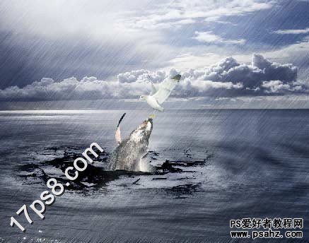 PS创意合成跃出海平面的鲸鱼奇幻场景