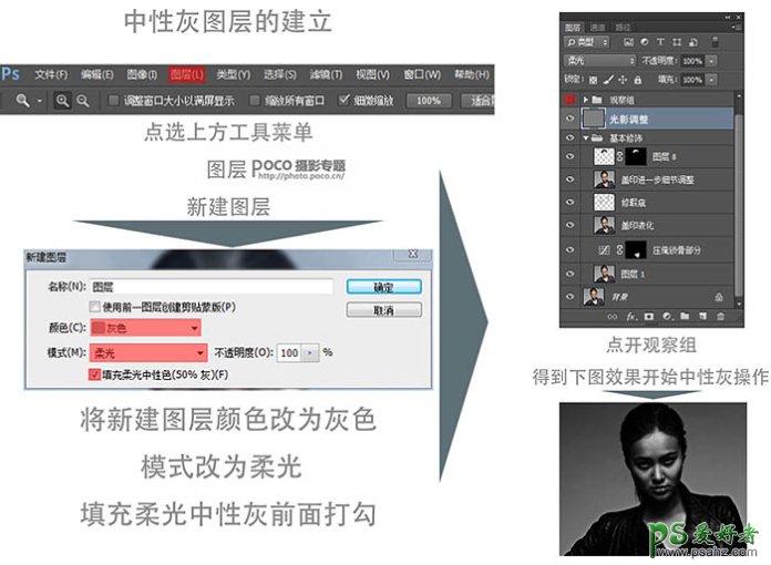 PS新手磨皮教程：详细讲解用中性灰及光影调节给美女人像照片磨皮