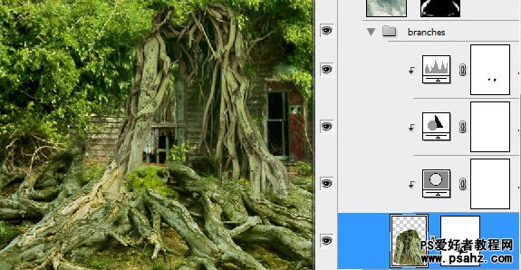 photoshop创意合成飘浮在空中的树屋特效教程