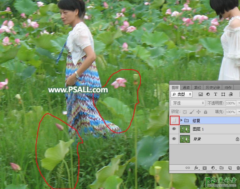 Photoshop快速抠出荷花风景图片中多余的人物，人物抠图实例教程