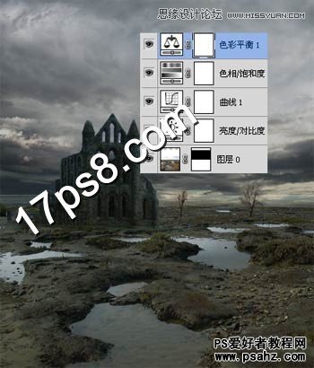 photoshop合成沼泽地里的古城堡巫师形象