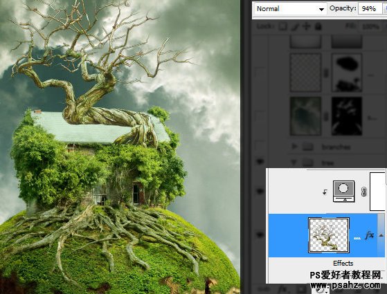 photoshop创意合成飘浮在空中的树屋特效教程