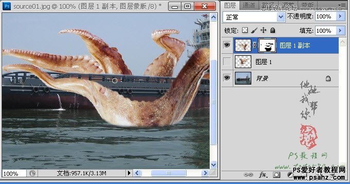 photoshop合成史前大章鱼袭击轮船的电影场景特效