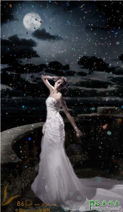 photoshop创意合成月光下的清纯少女婚纱照