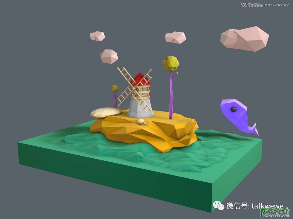 c4d教程：制作立体多边形风格的3D场景图片，三维立体场景图像。