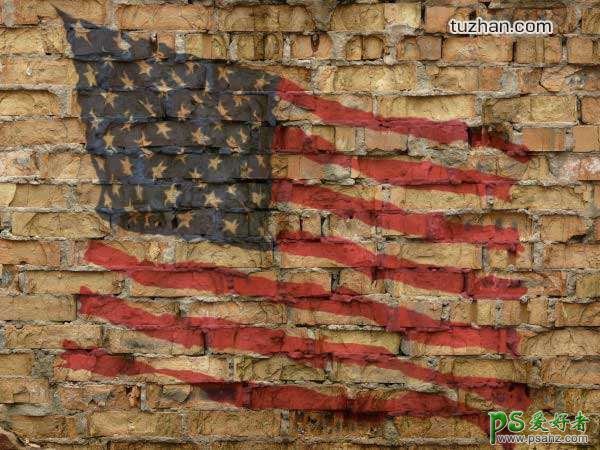 PS置换滤镜使用教程：通过滤镜操作把美国国旗素材图溶合到砖墙里