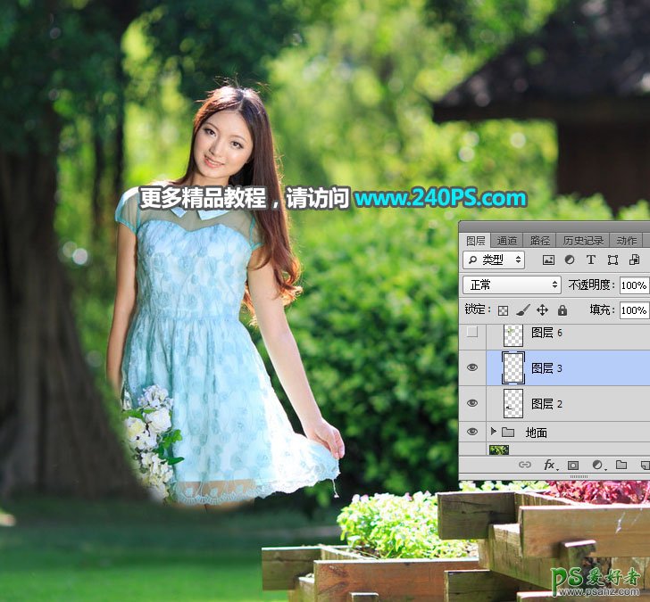 Photoshop快速抠出公园风景照片中的美女人像，修复出原始的背景