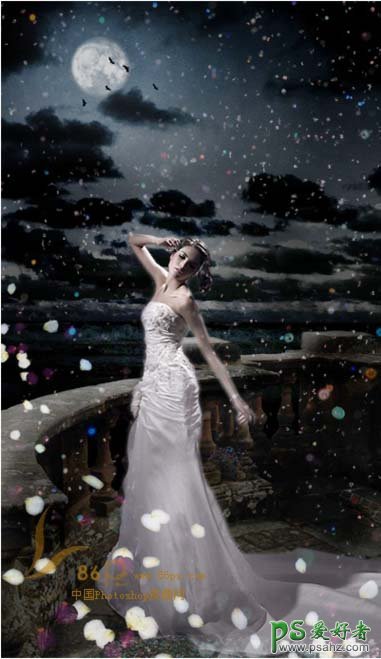 photoshop创意合成月光下的清纯少女婚纱照
