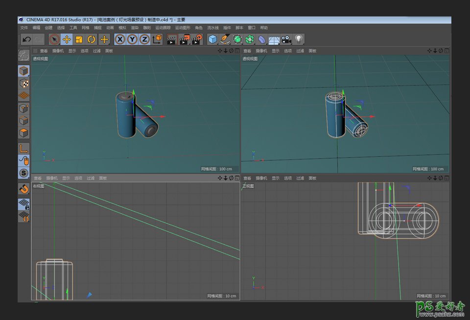 C4D实例教程：制作质感卡风格格的充电电池模型，卡通蓝色电池。