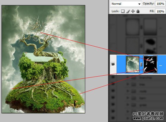 photoshop创意合成飘浮在空中的树屋特效教程
