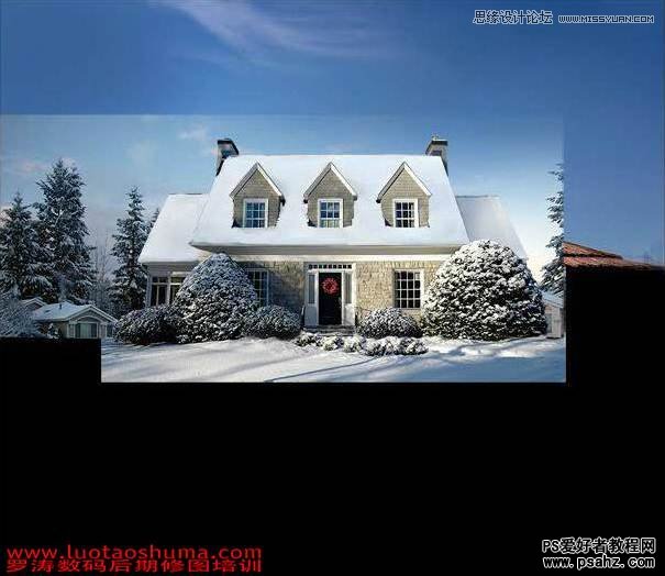 PS合成教程：打造冬季夜色下的雪景别墅风景图片