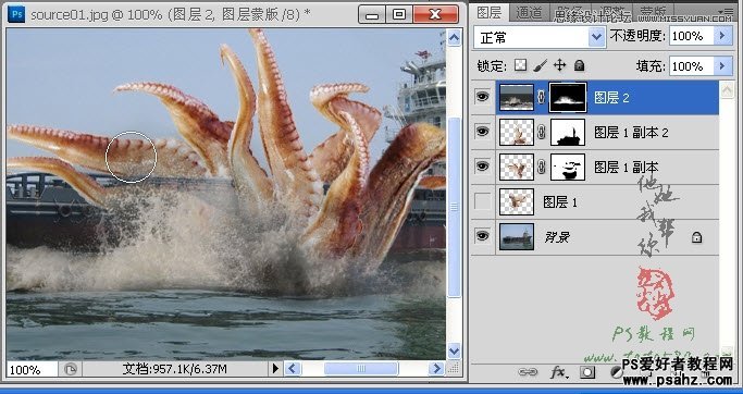 photoshop合成史前大章鱼袭击轮船的电影场景特效